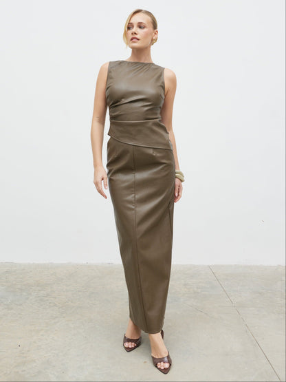 Maeve High Neck Faux Leather Top - Khaki