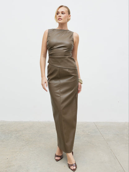 Maeve Faux Leather Maxi Skirt - Khaki