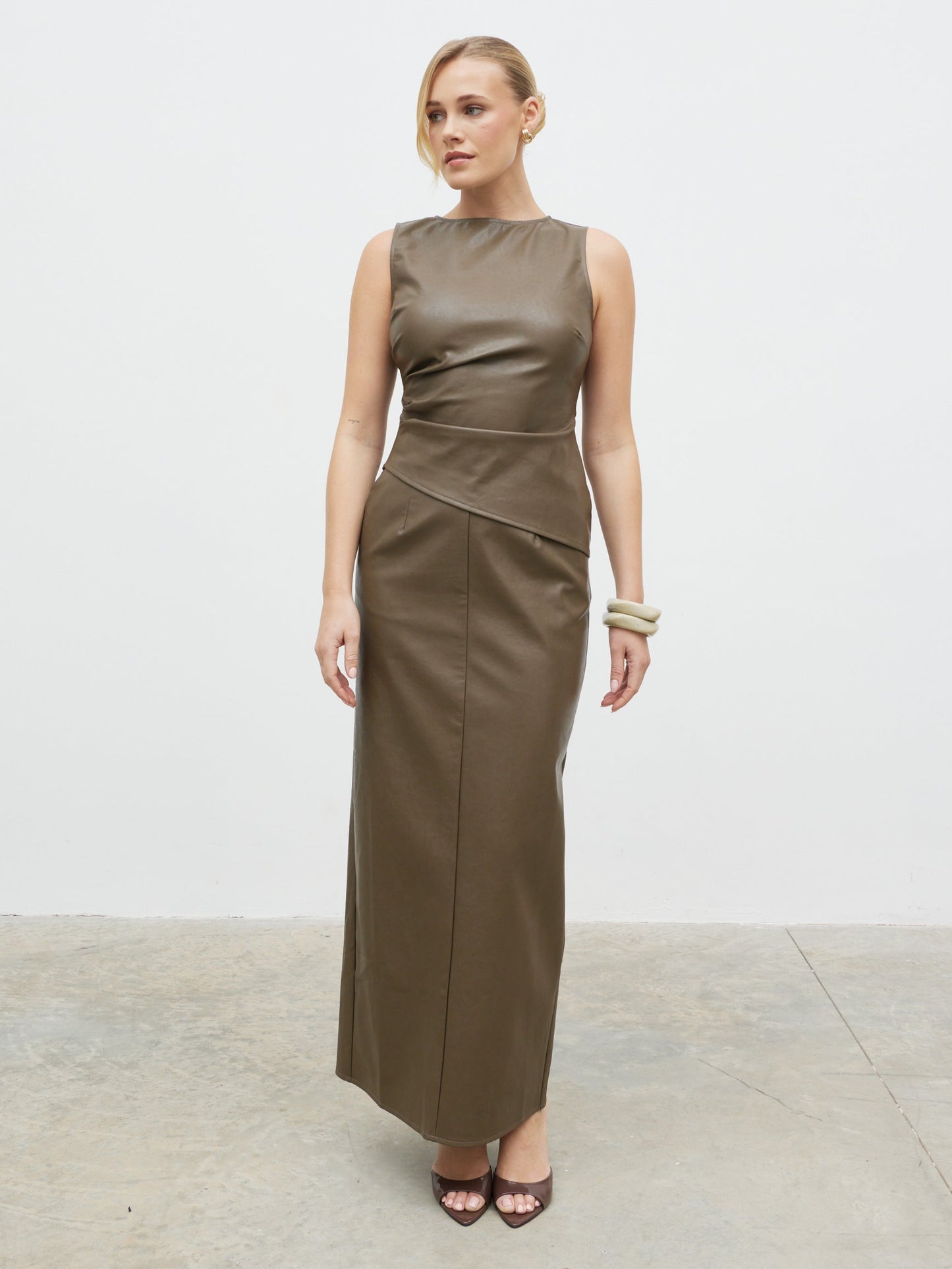 Maeve High Neck Faux Leather Top - Khaki