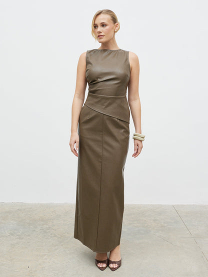 Maeve Faux Leather Maxi Skirt - Khaki