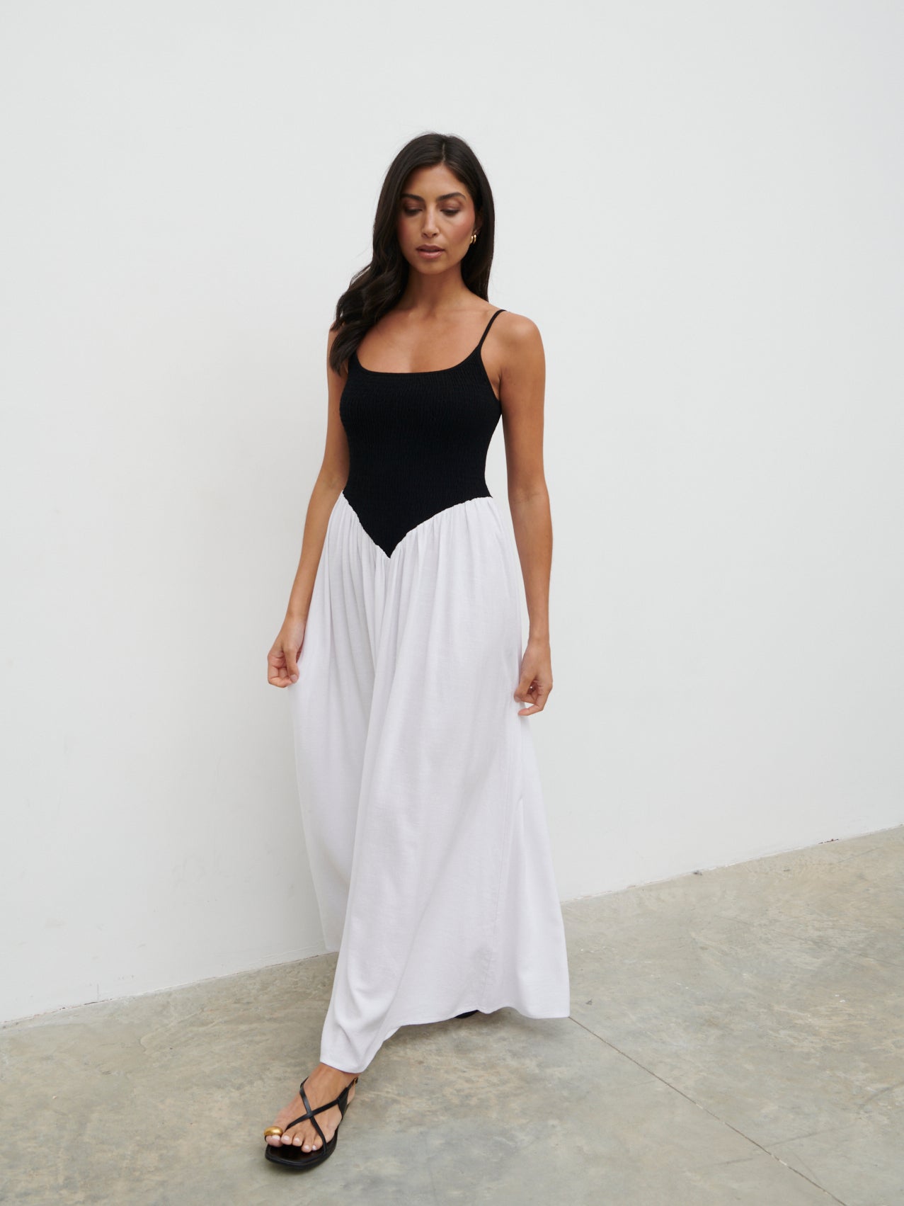 Maude Shirred Contrast Maxi Dress - Black and Cream