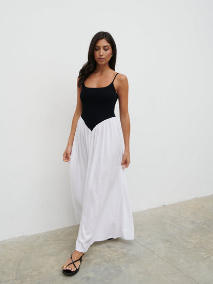 Maude Shirred Contrast Maxi Dress - Black and Cream