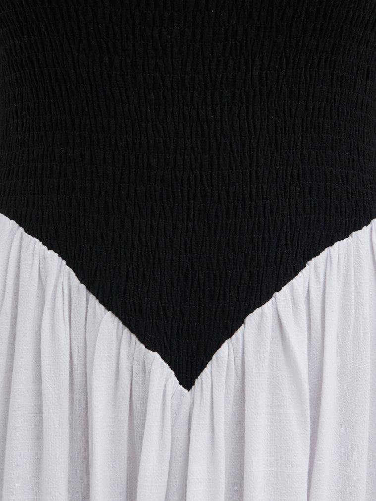 Maude Shirred Contrast Maxi Dress - Black and Cream