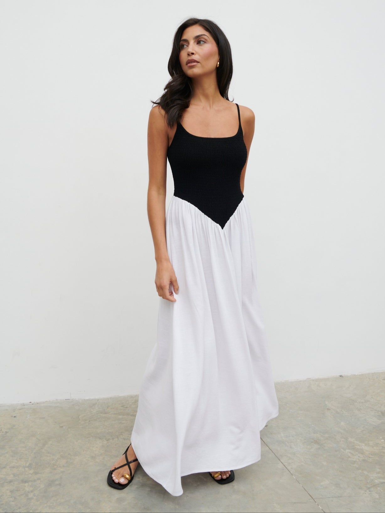 Maude Shirred Contrast Maxi Dress - Black and Cream