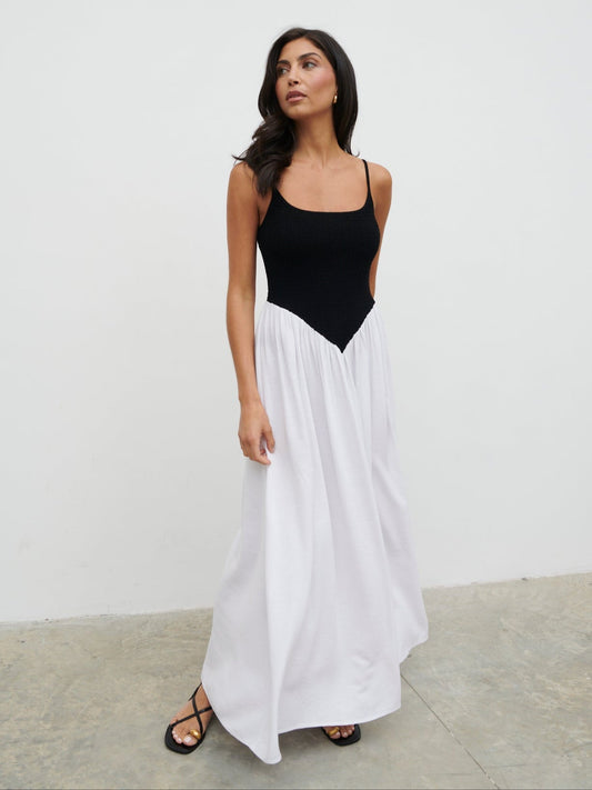 Maude Shirred Contrast Maxi Dress - Black and Cream