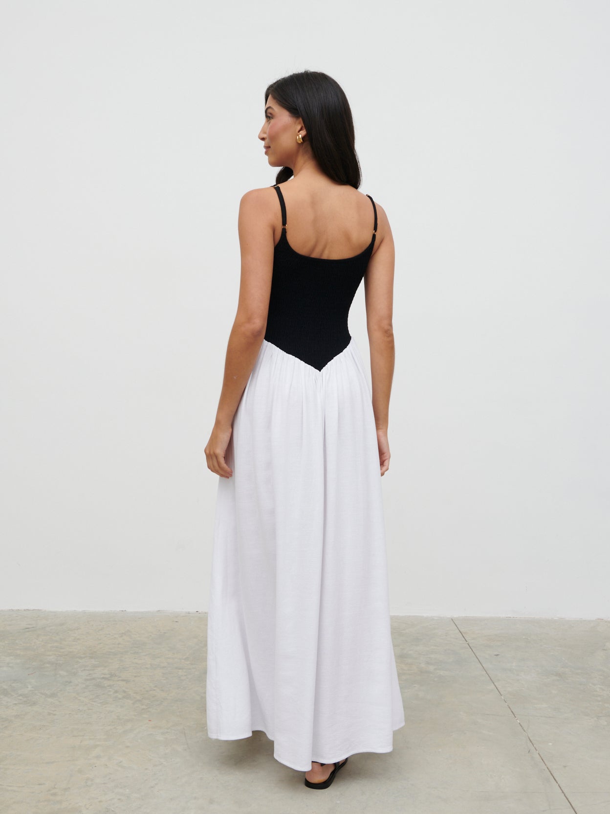 Maude Shirred Contrast Maxi Dress - Black and Cream