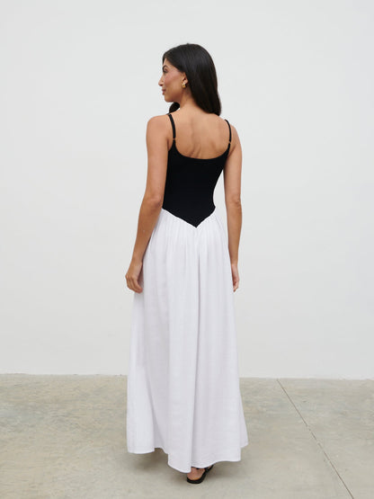 Maude Shirred Contrast Maxi Dress - Black and Cream