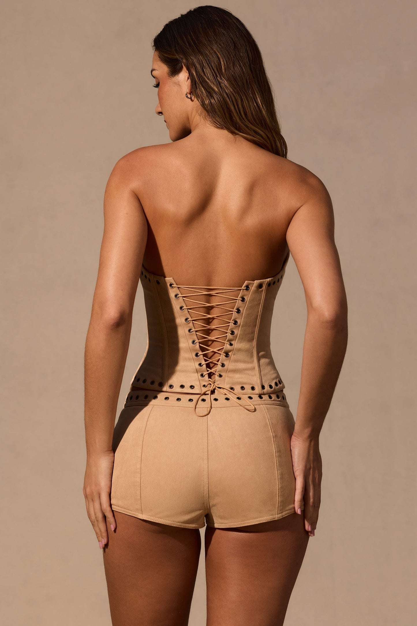 Lace-Up Corset Top  in Tan