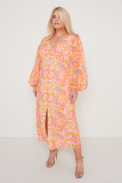 Naya Midaxi Dress - Orange and Pink Floral