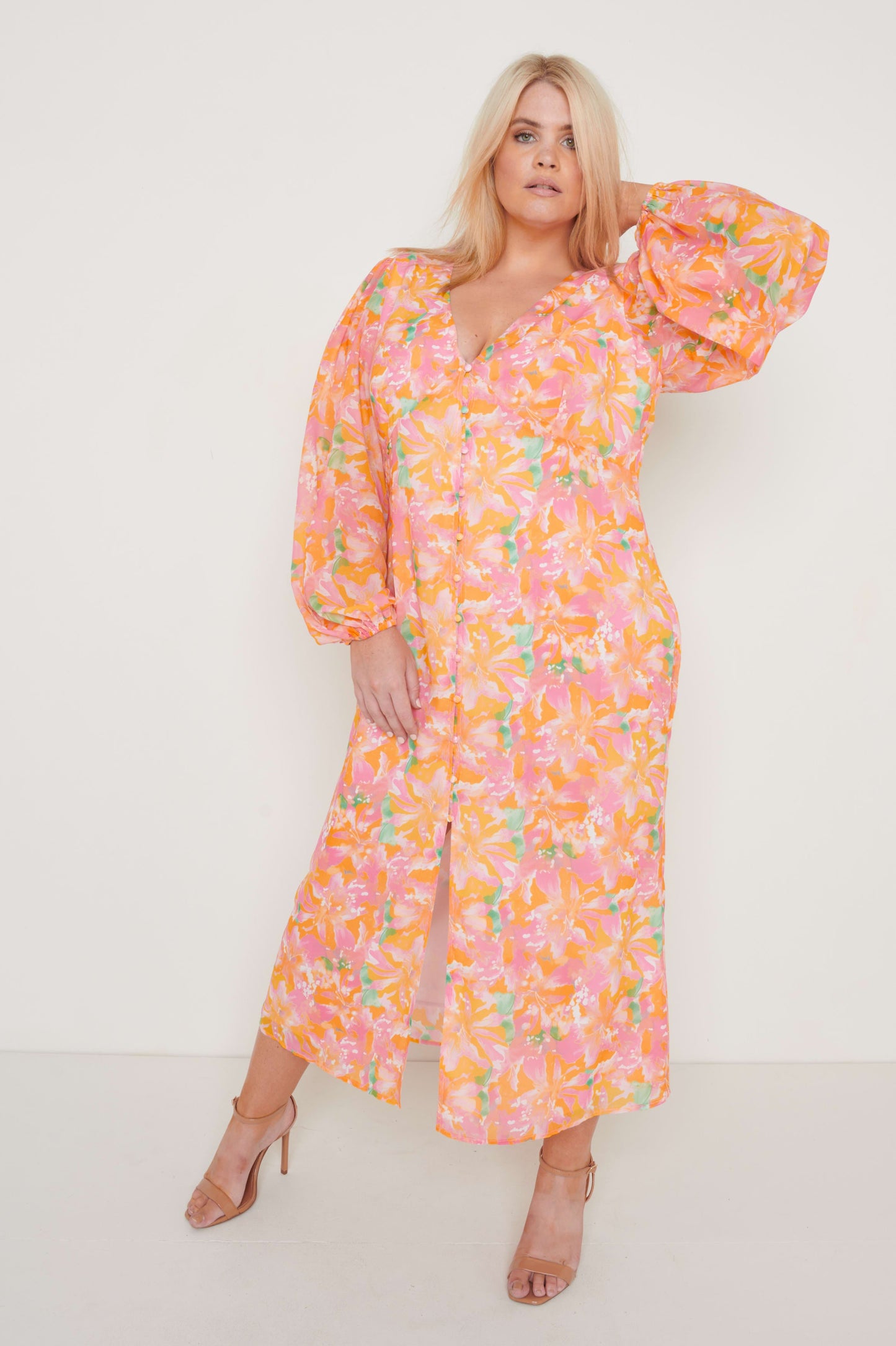 Naya Midaxi Dress - Orange and Pink Floral