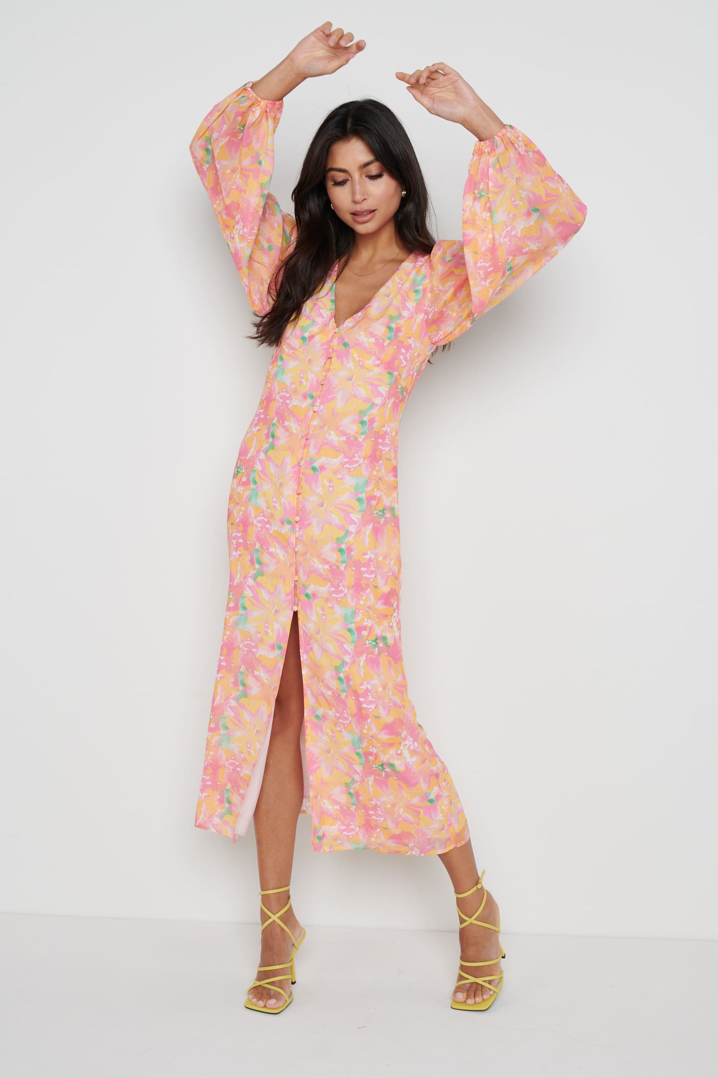 Naya Midaxi Dress - Orange and Pink Floral