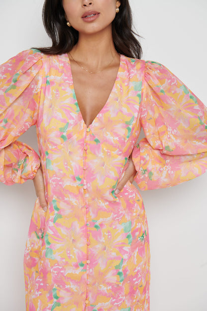 Naya Midaxi Dress - Orange and Pink Floral