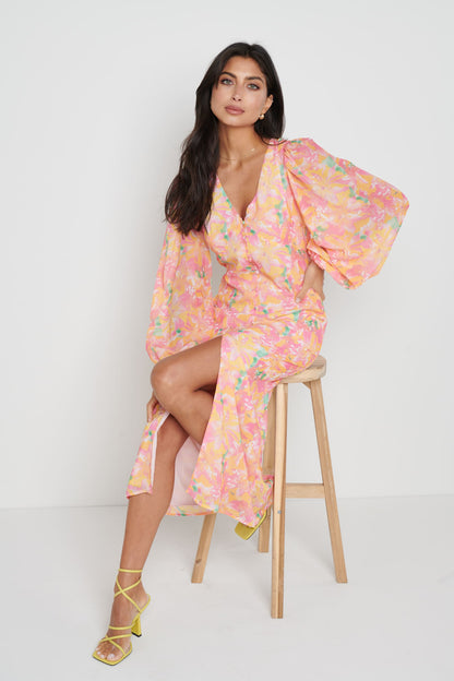 Naya Midaxi Dress - Orange and Pink Floral
