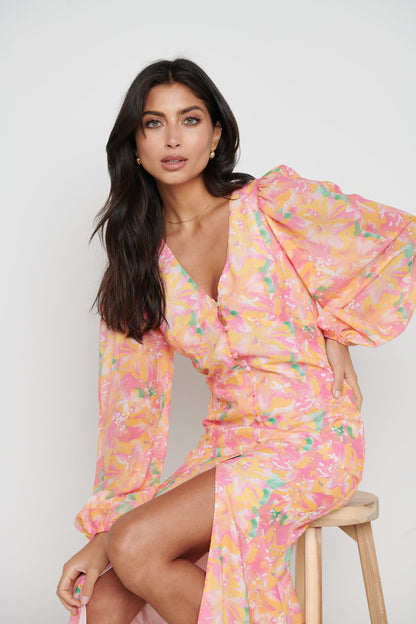 Naya Midaxi Dress - Orange and Pink Floral