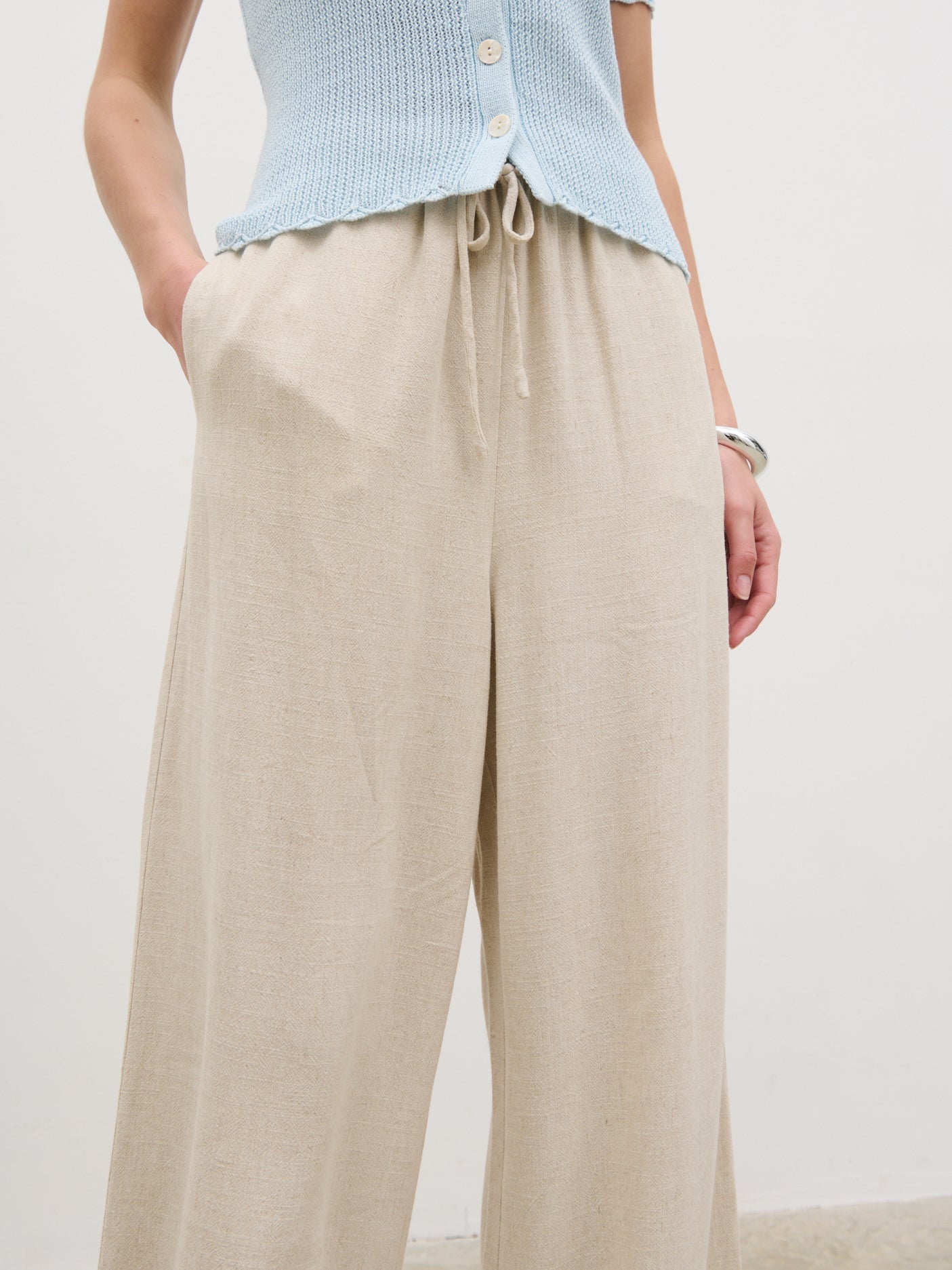 Nessa Wide Leg Linen Blend Trousers - Natural