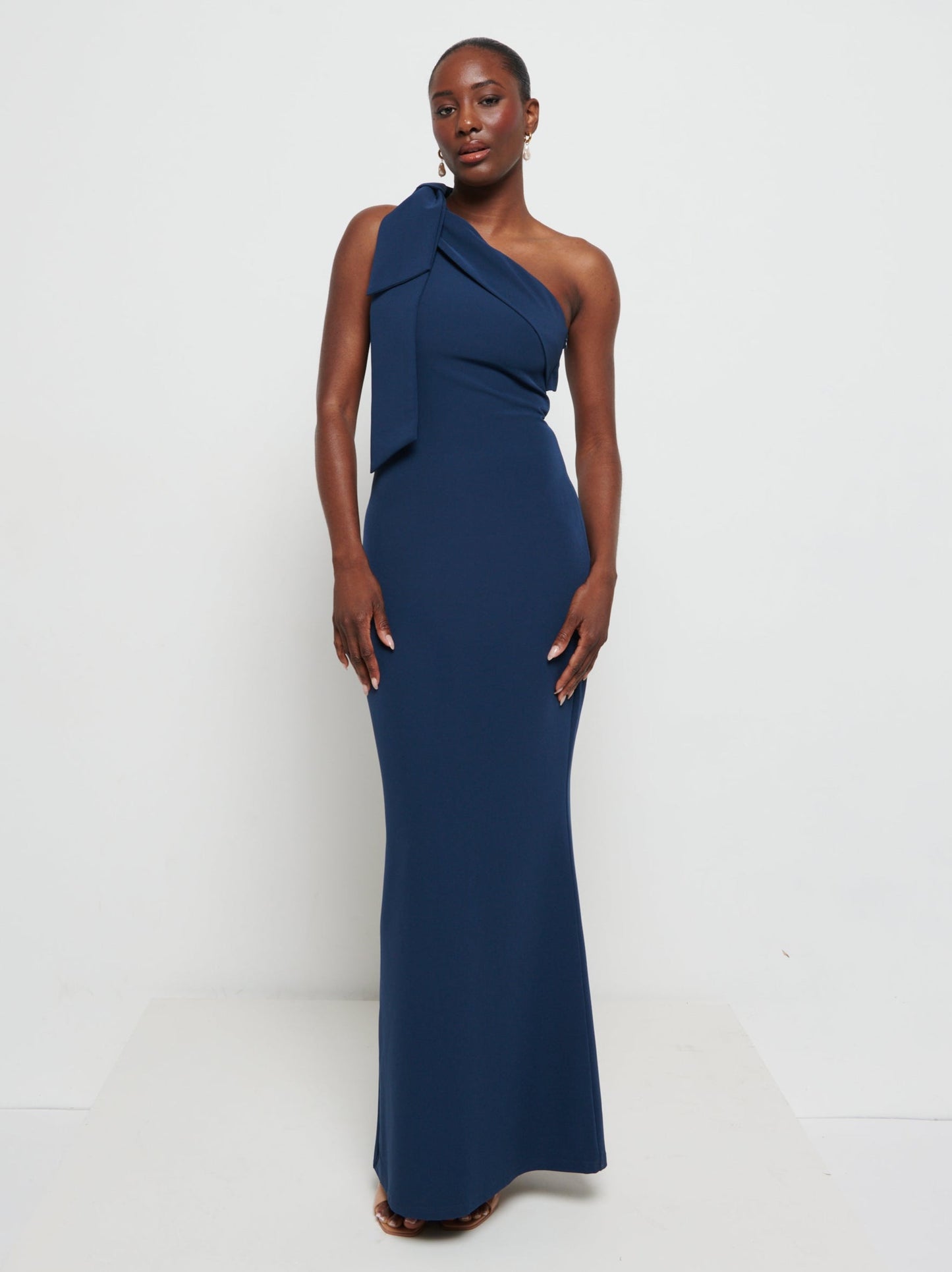 Nevaeh One Shoulder Crepe Maxi Bridesmaid Dress - Navy