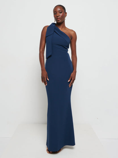Nevaeh One Shoulder Crepe Maxi Bridesmaid Dress - Navy