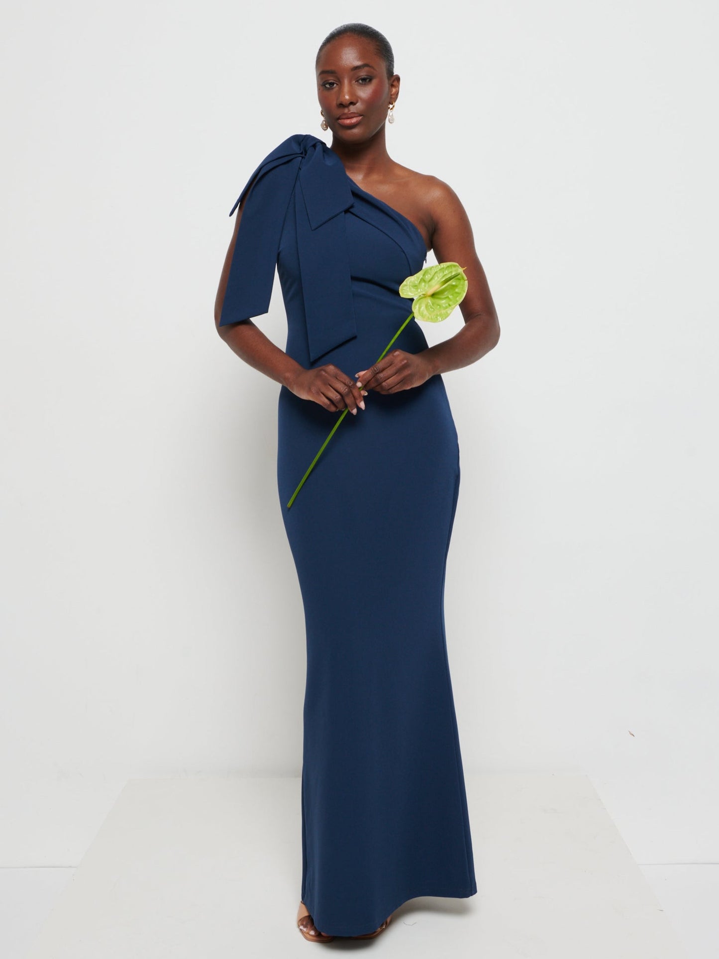 Nevaeh One Shoulder Crepe Maxi Bridesmaid Dress - Navy