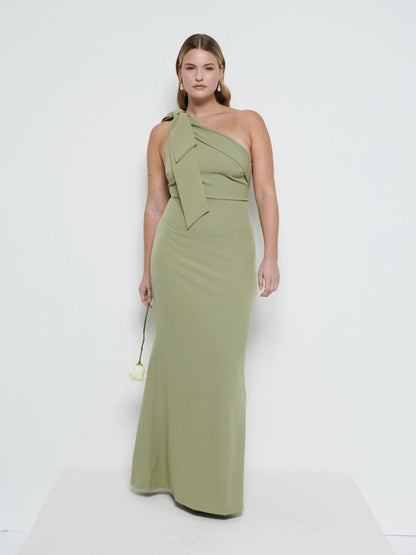 Nevaeh One Shoulder Crepe Maxi Bridesmaid Dress - Olive