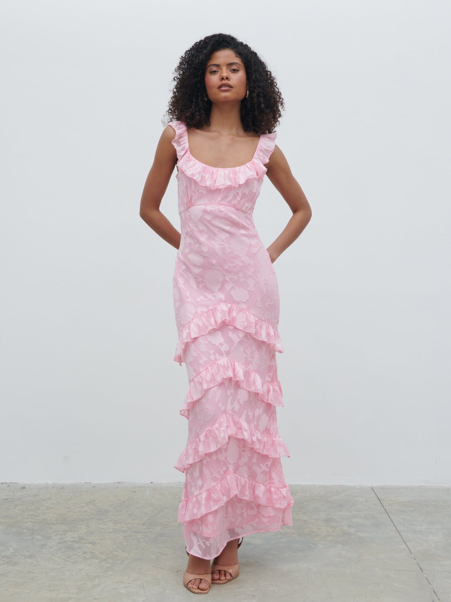 Novie Ruffle Jacquard Maxi Dress - Posie Pink