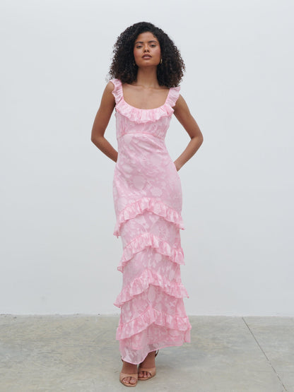 Novie Ruffle Jacquard Maxi Dress - Posie Pink