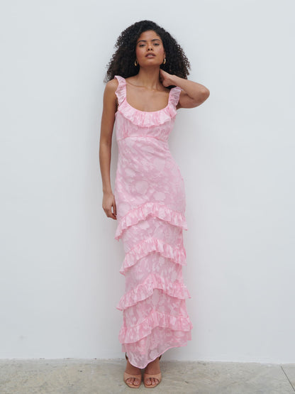 Novie Ruffle Jacquard Maxi Dress - Posie Pink