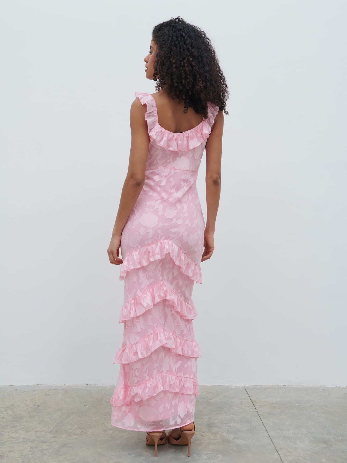 Novie Ruffle Jacquard Maxi Dress - Posie Pink