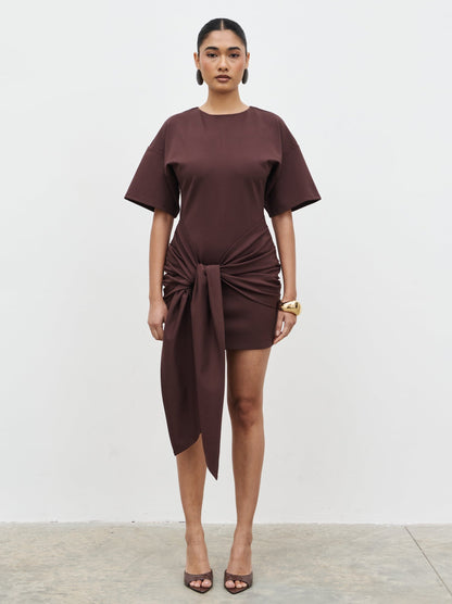 Olivia Jersey Knot Mini Dress - Brown