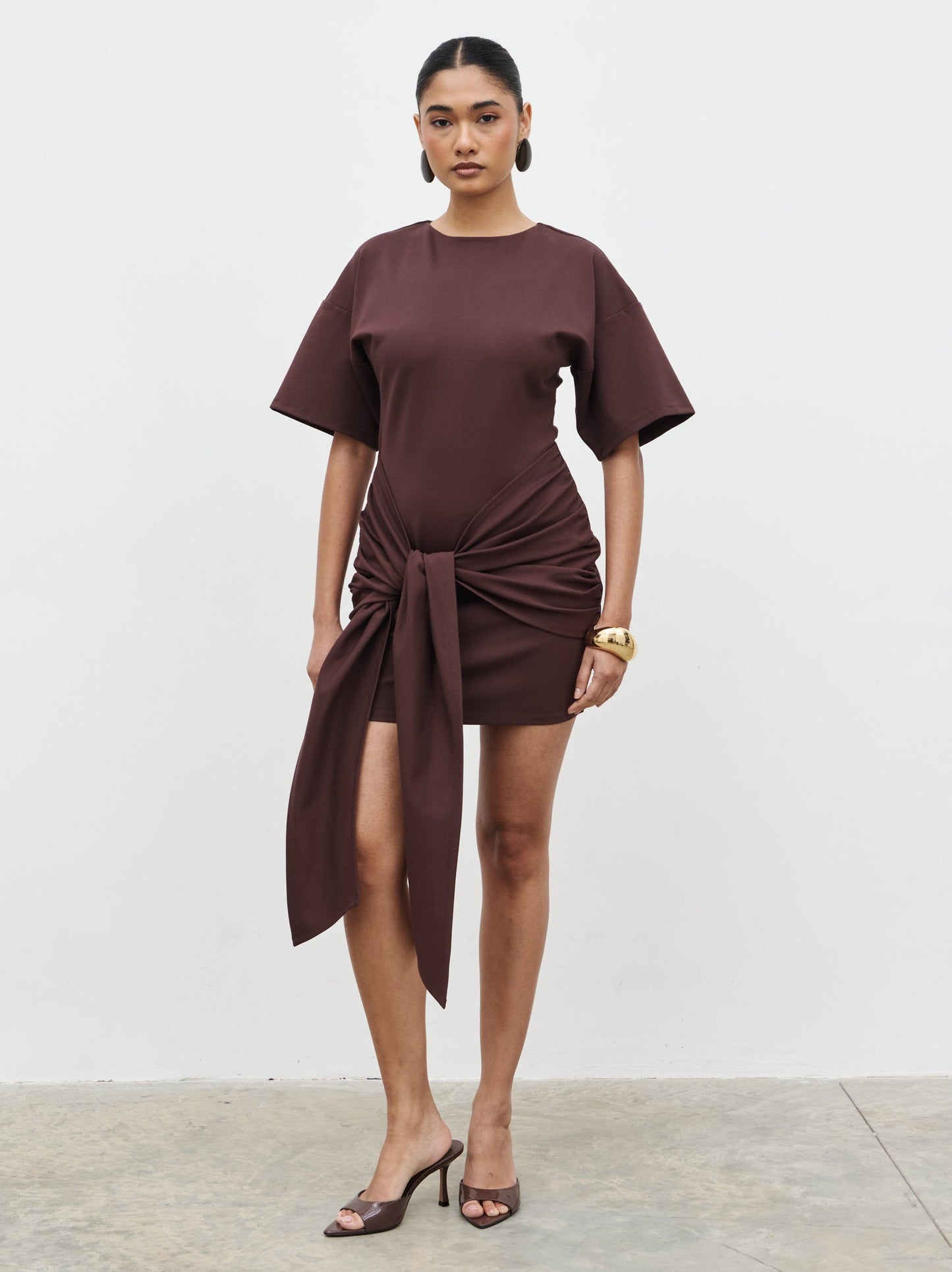 Olivia Jersey Knot Mini Dress - Brown