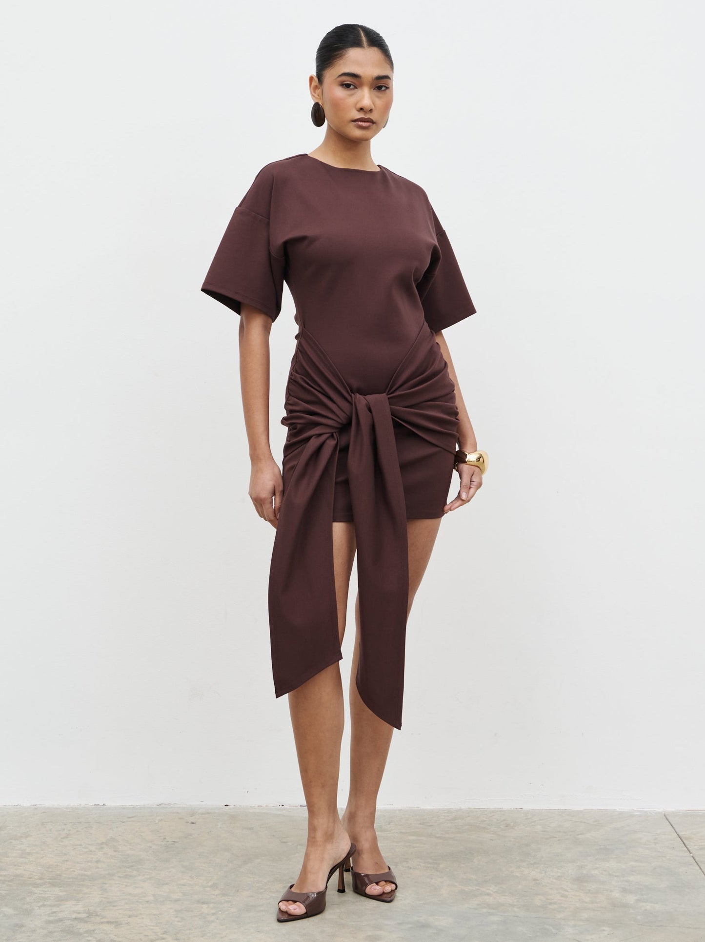 Olivia Jersey Knot Mini Dress - Brown