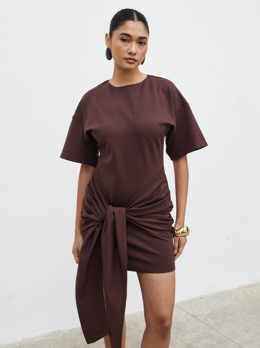 Olivia Jersey Knot Mini Dress - Brown
