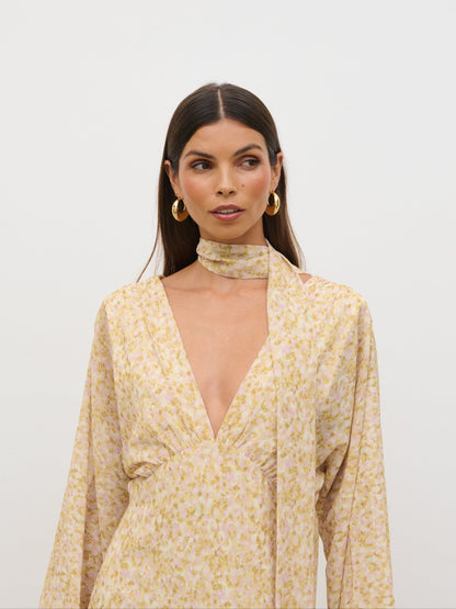 Petula Batwing Scarf Maxi Dress - Chartreuse and Lilac Abstract