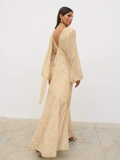 Petula Batwing Scarf Maxi Dress - Chartreuse and Lilac Abstract