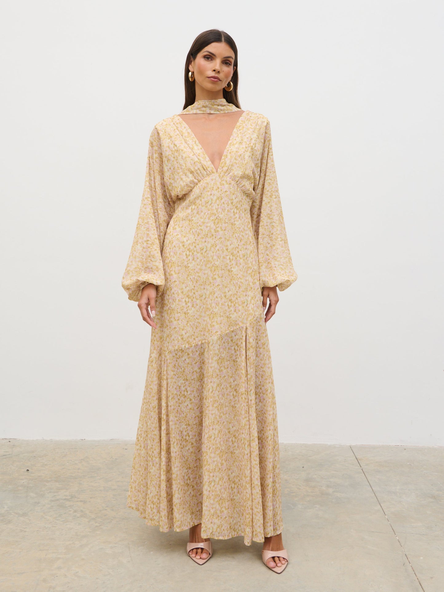 Petula Batwing Scarf Maxi Dress - Chartreuse and Lilac Abstract
