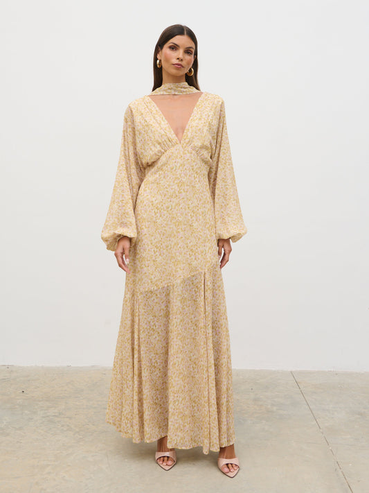 Petula Batwing Scarf Maxi Dress - Chartreuse and Lilac Abstract