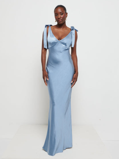 Piper Tie Maxi Bridesmaid Dress - Dusty Blue