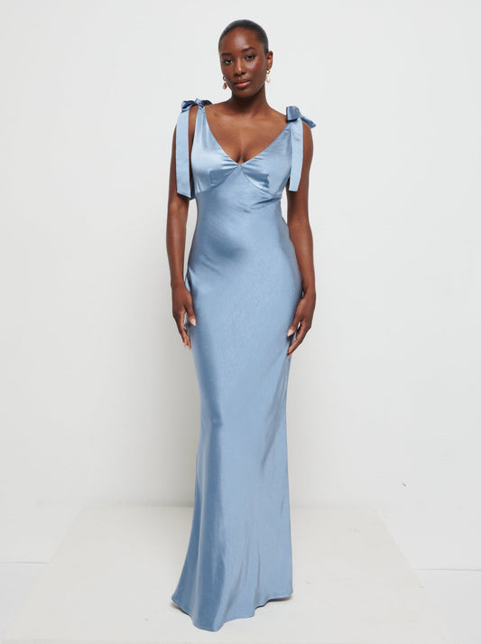 Piper Tie Maxi Bridesmaid Dress - Dusty Blue