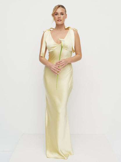 Piper Tie Satin Maxi Dress - Lemon