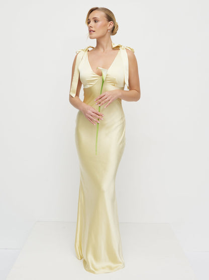 Piper Tie Satin Maxi Dress - Lemon