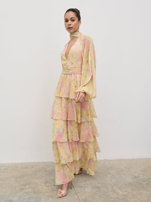 Anya Ruffle Maxi Dress - Pastel Multi Abstract Print
