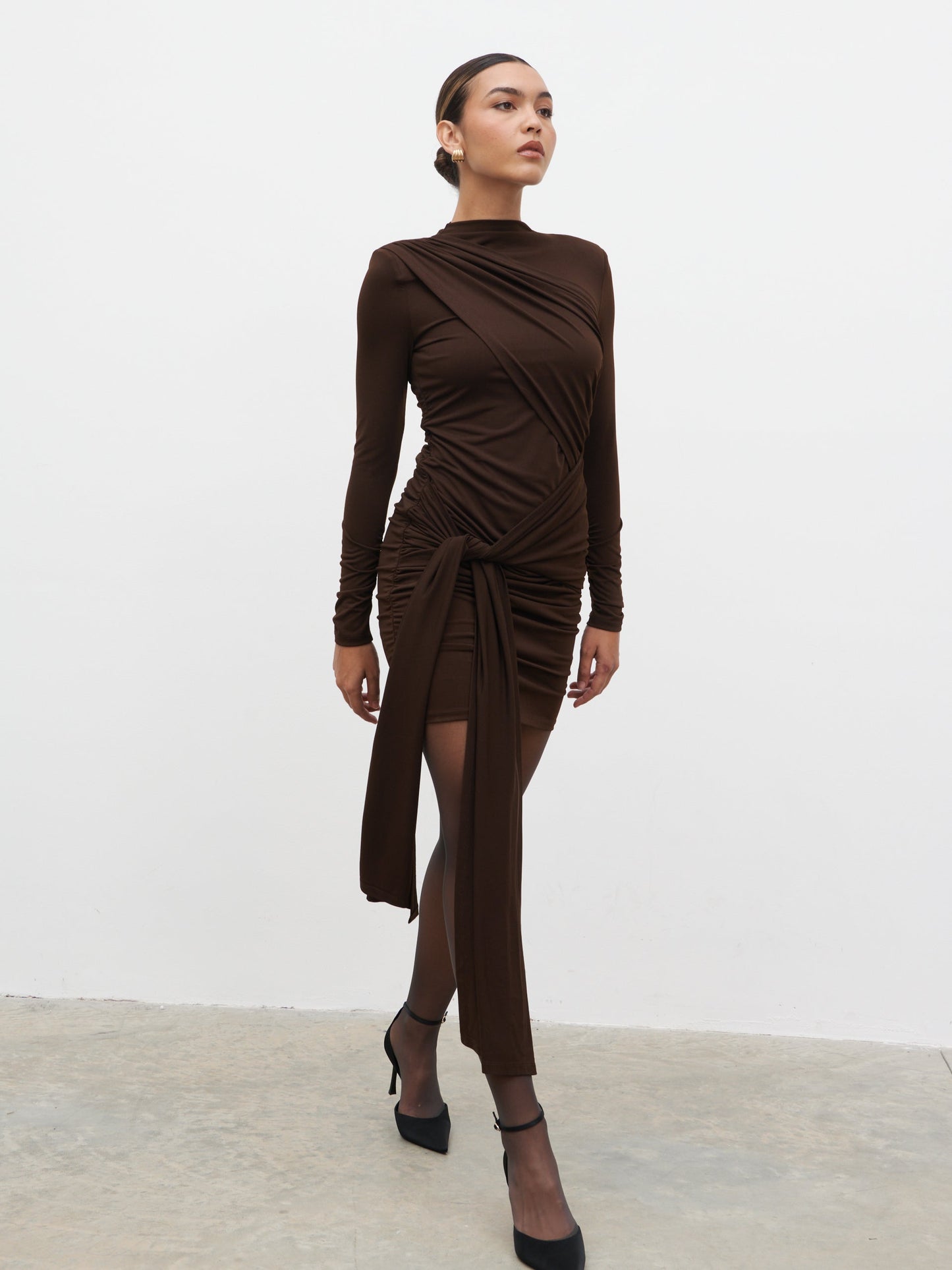 Raya Drape Jersey Mini Dress - Brown