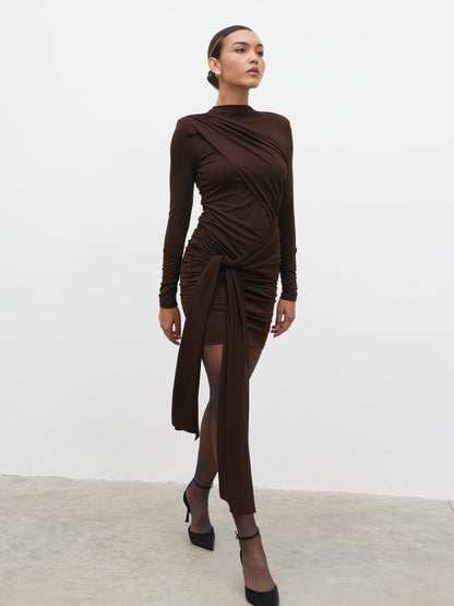 Raya Drape Jersey Mini Dress - Brown