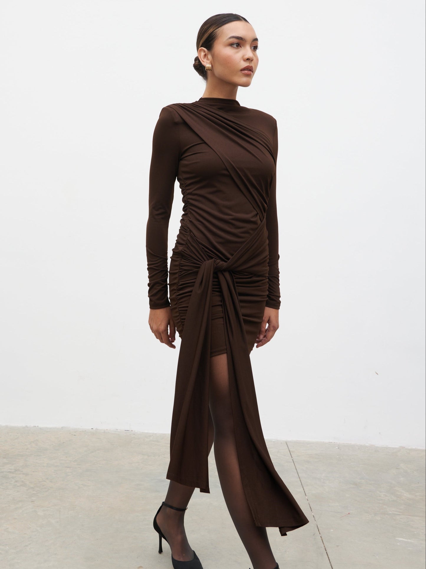 Raya Drape Jersey Mini Dress - Brown