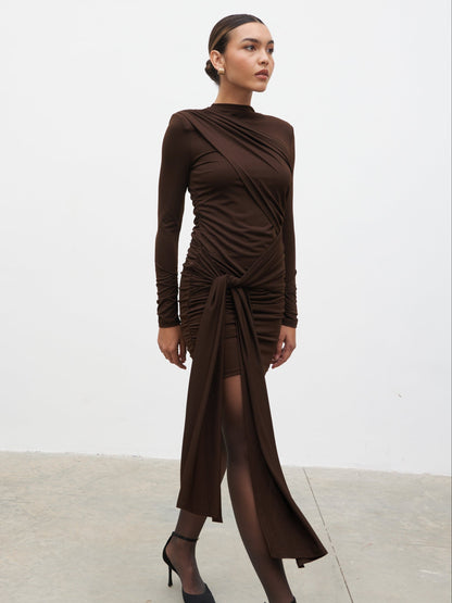 Raya Drape Jersey Mini Dress - Brown