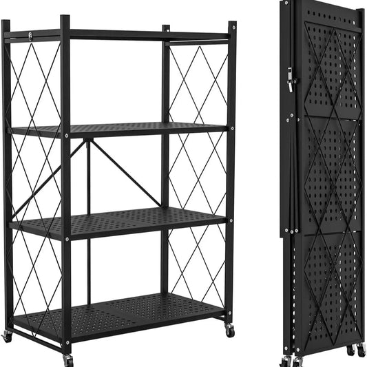 Space‑Saving Foldable Metal Shelving Unit, Freestanding Storage Rack with Lockable Rolling Casters