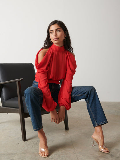 Selena Cold Shoulder Top - Scarlet Red