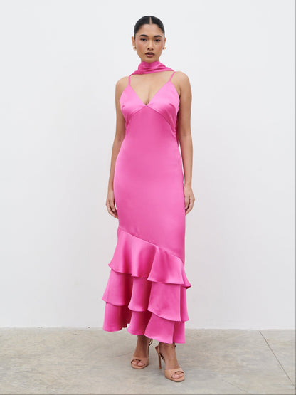 Serita V Neck Tiered Maxi Dress - Fuchsia Satin