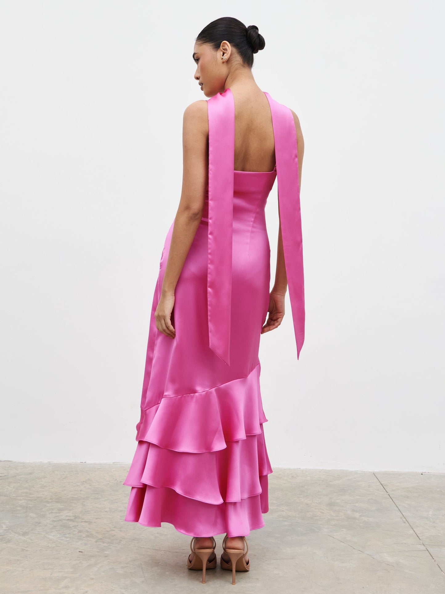 Serita V Neck Tiered Maxi Dress - Fuchsia Satin