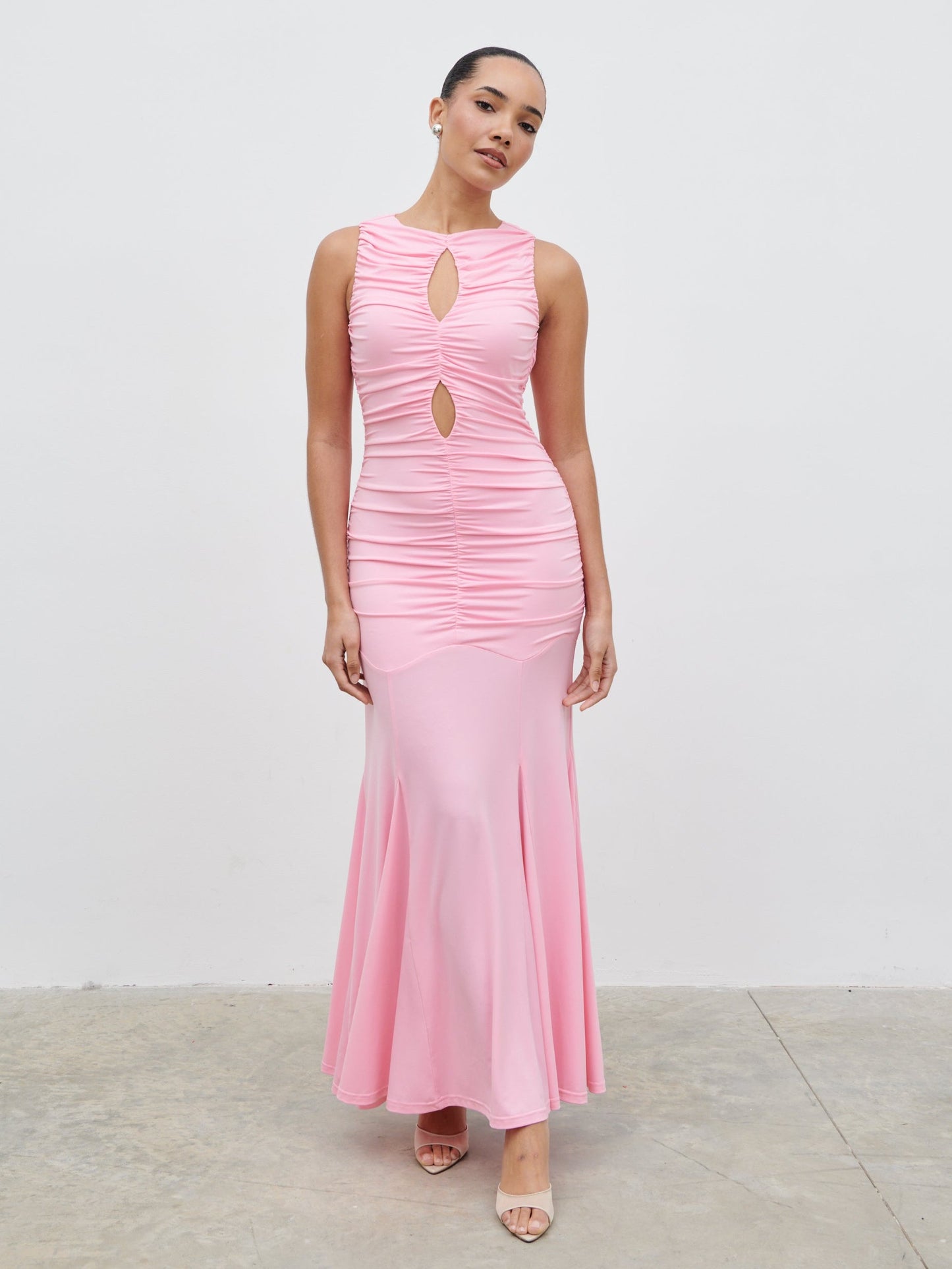 Shayla Ruched Cut Out Jersey Maxi Dress - Peony Pink