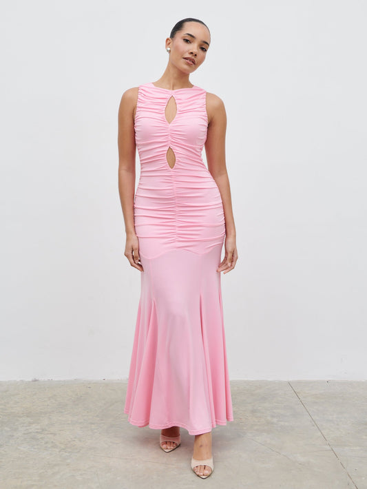 Shayla Ruched Cut Out Jersey Maxi Dress - Peony Pink